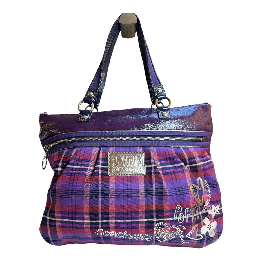 Coach Poppy Tartan Plaid Purple &/Black Shoulder Handbag Metallic Trim EUC